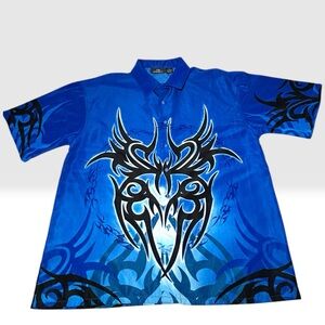 VTG City Impact Tribal Graphic Button Up Shirt Mens L Blue Tattoo AOP Y2K Skater